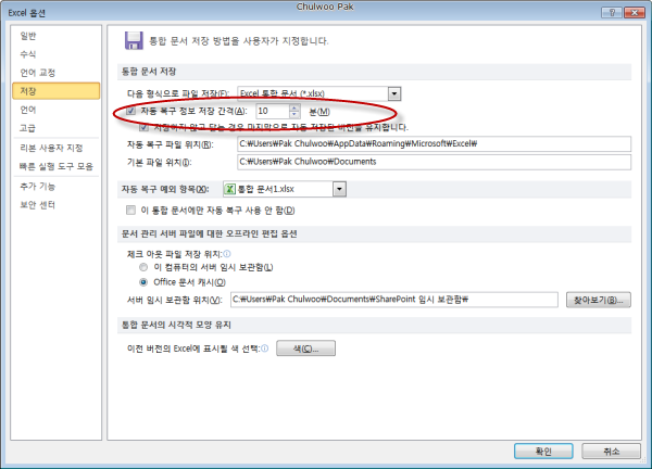 [Excel 2010] 옵션 > 저장