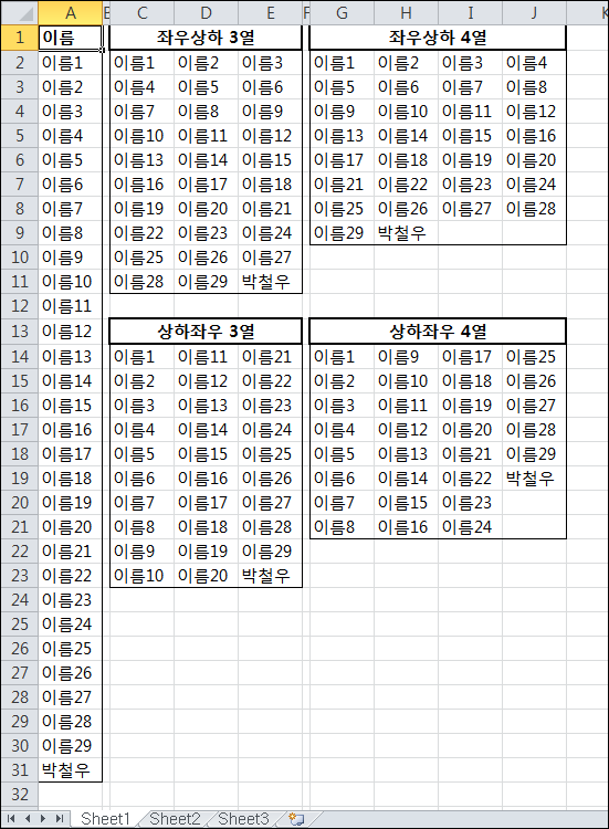 [Excel] 한 열로 입력된 데이터를 여러 개의 열로 다시 정리하는 방법
