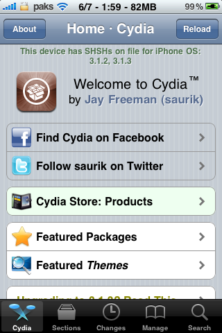 [Cydia] This device has SHSHs on file for iPhone OS: 3.1.2, 3.1.3