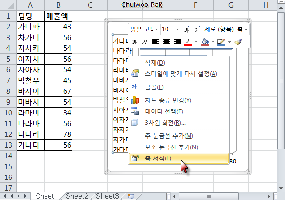 [Excel] 데이터 목록의 순서와 차트 축의 순서가 다를 때