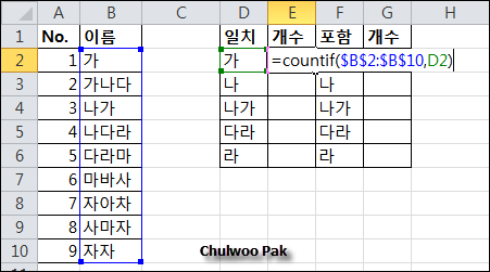 [Excel] 목록에서 특정 문구가 들어간 셀의 갯수 구하기